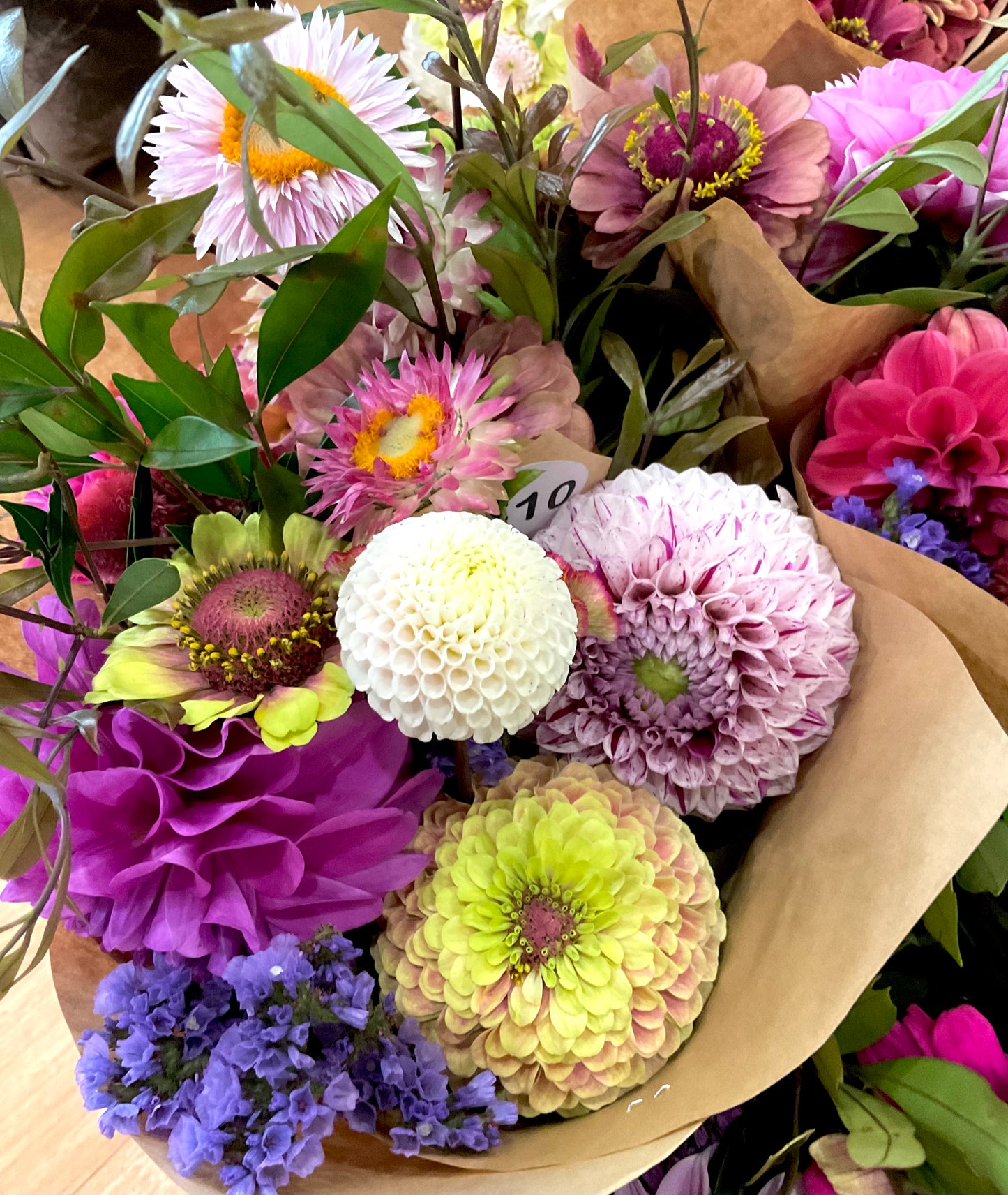 Queen Lime Blotch (Blush) Zinnia in a bouquet - Qld Australia - Our Mountain Garden