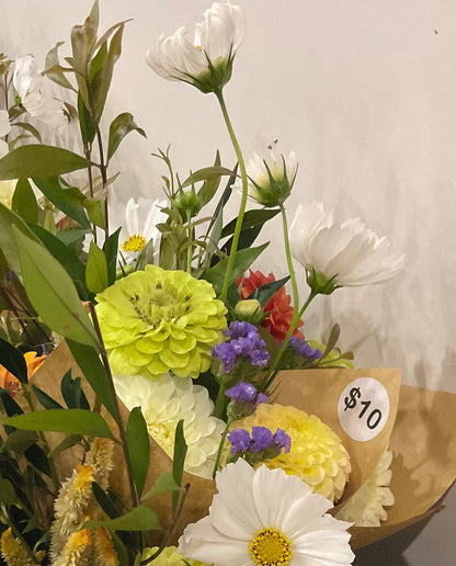 Zinnia Queen Lime mixed with dahlias cosmos celosia cut flower bouquet. Our Mountain Garden Qld Australia
